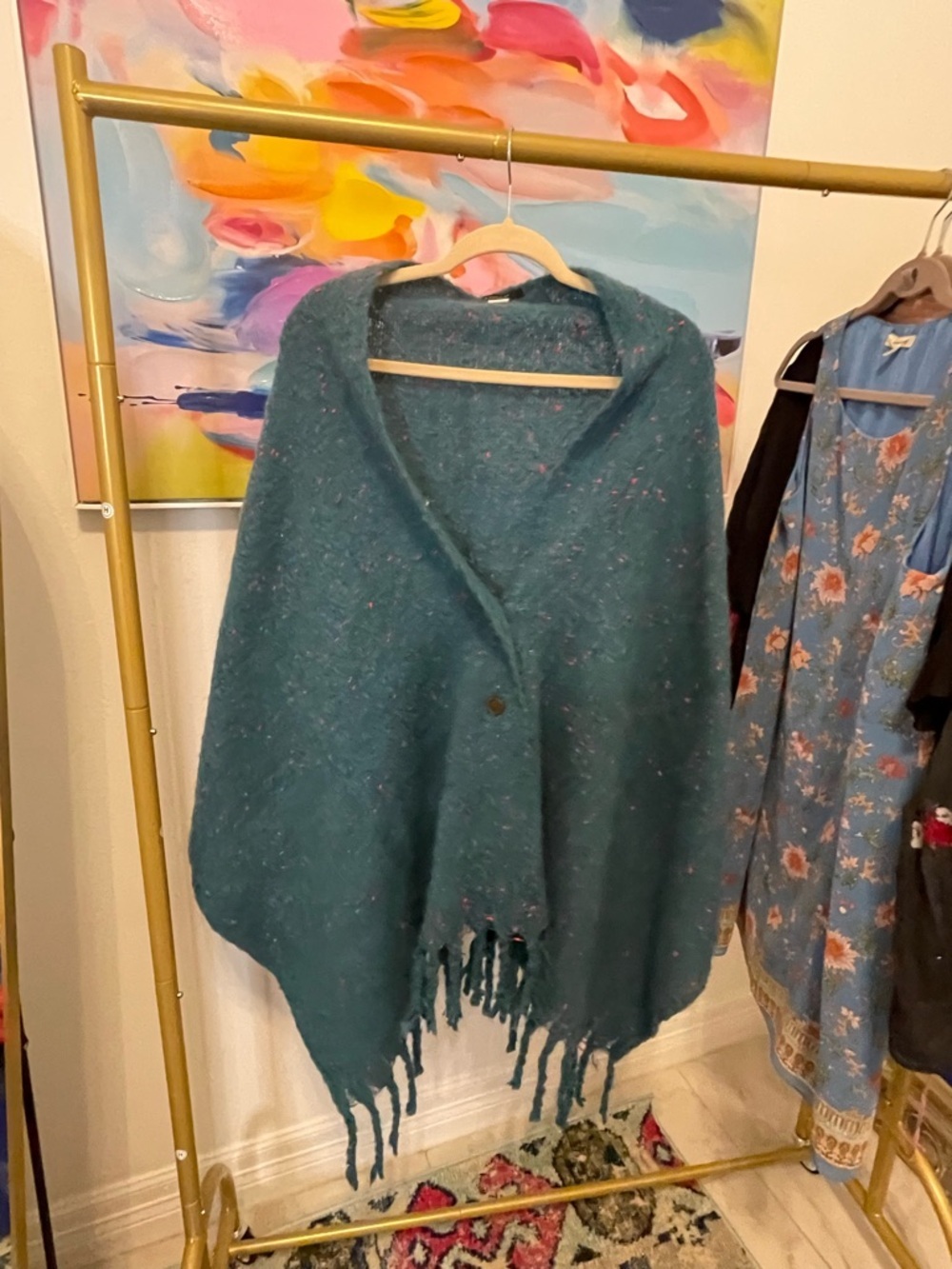 Tahari Teal Knit‎ Top with Pink Fleck Detail